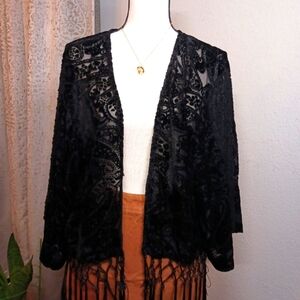 Miss Me Velvet Burnout Paisley Fringe Kimono Black Sheer Boho Y2K Size